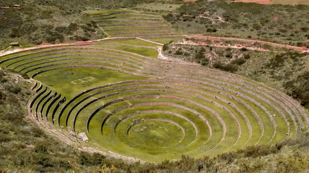 View of the terraces of the Sacred Valley of the Incas from above.