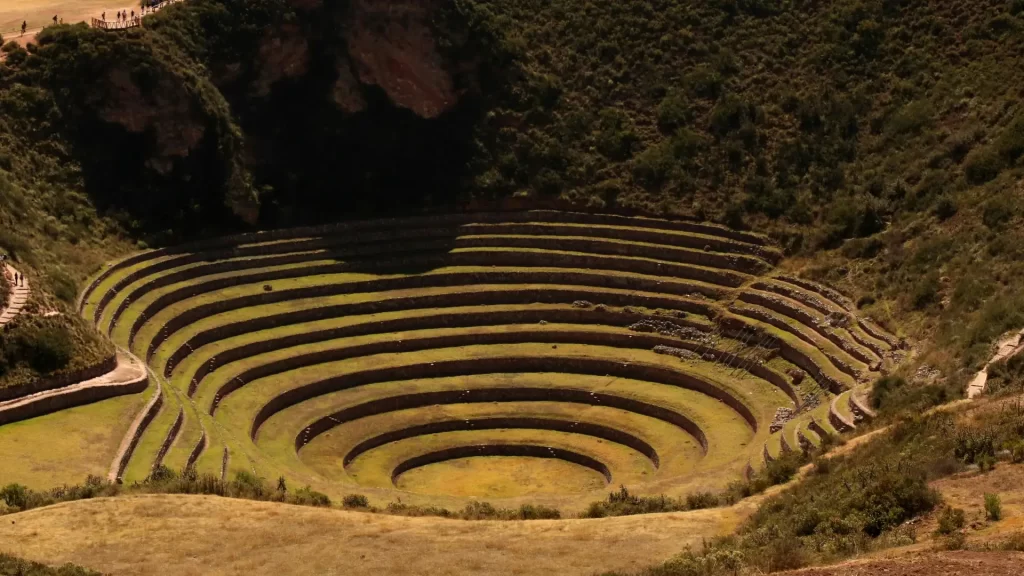 View of the terraces of the Sacred Valley of the Incas from above.
