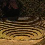 View of the terraces of the Sacred Valley of the Incas from above.