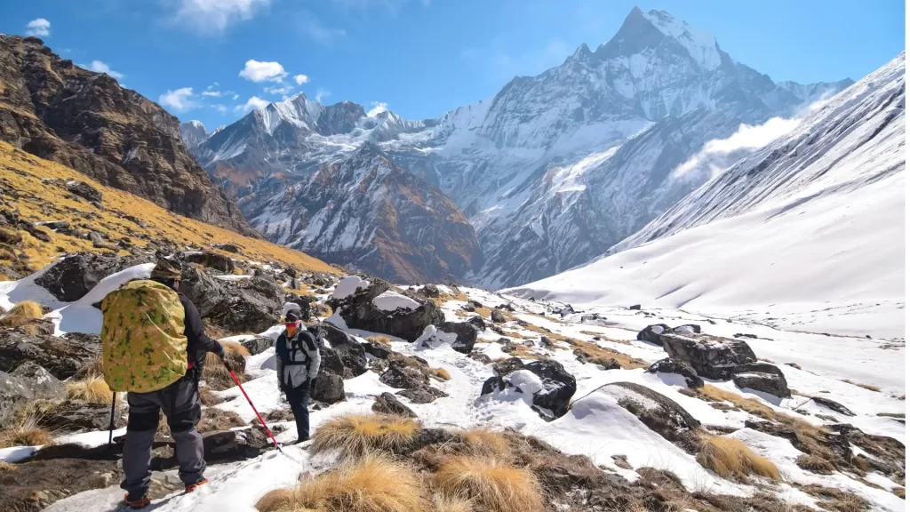 tourists climbing the Salkantay Mountains